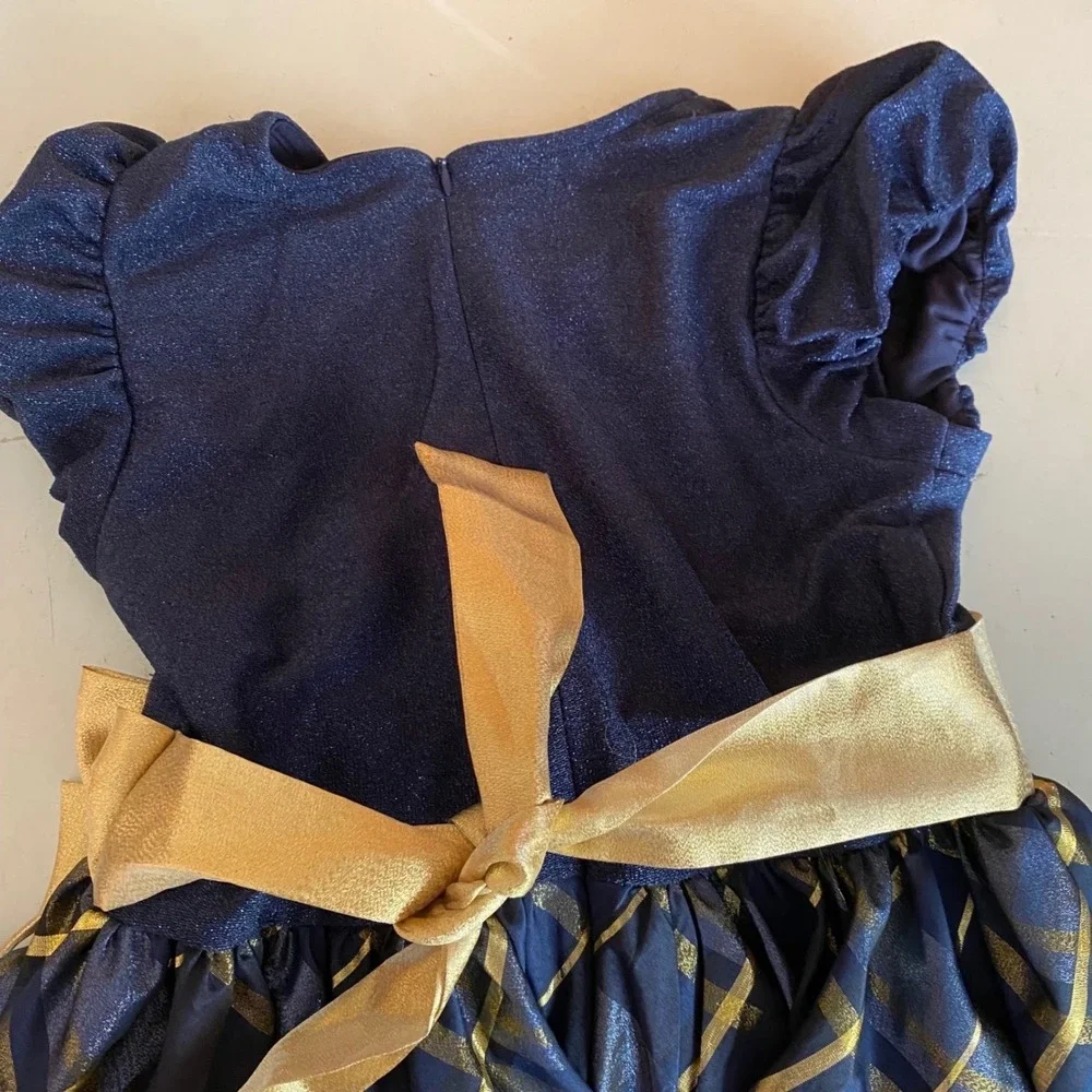 Bonnie Jean Girls 16 Navy Blue Gold Plaid Metallic Party Dress Bow Holiday